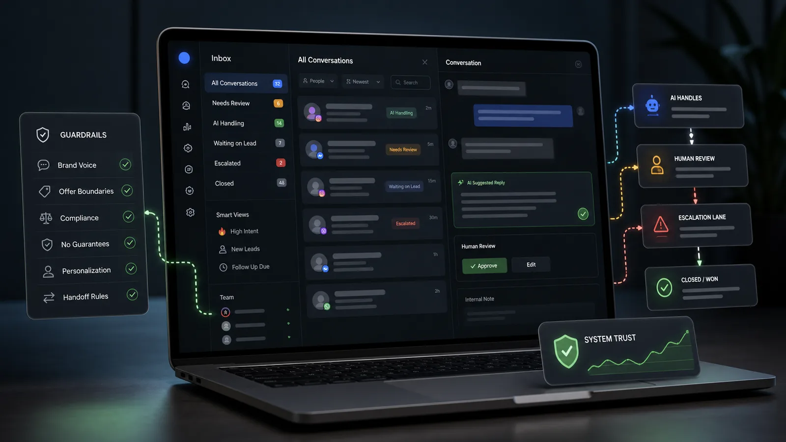 Dark-mode AI DM command center with guardrail lanes, review states, and escalation signals