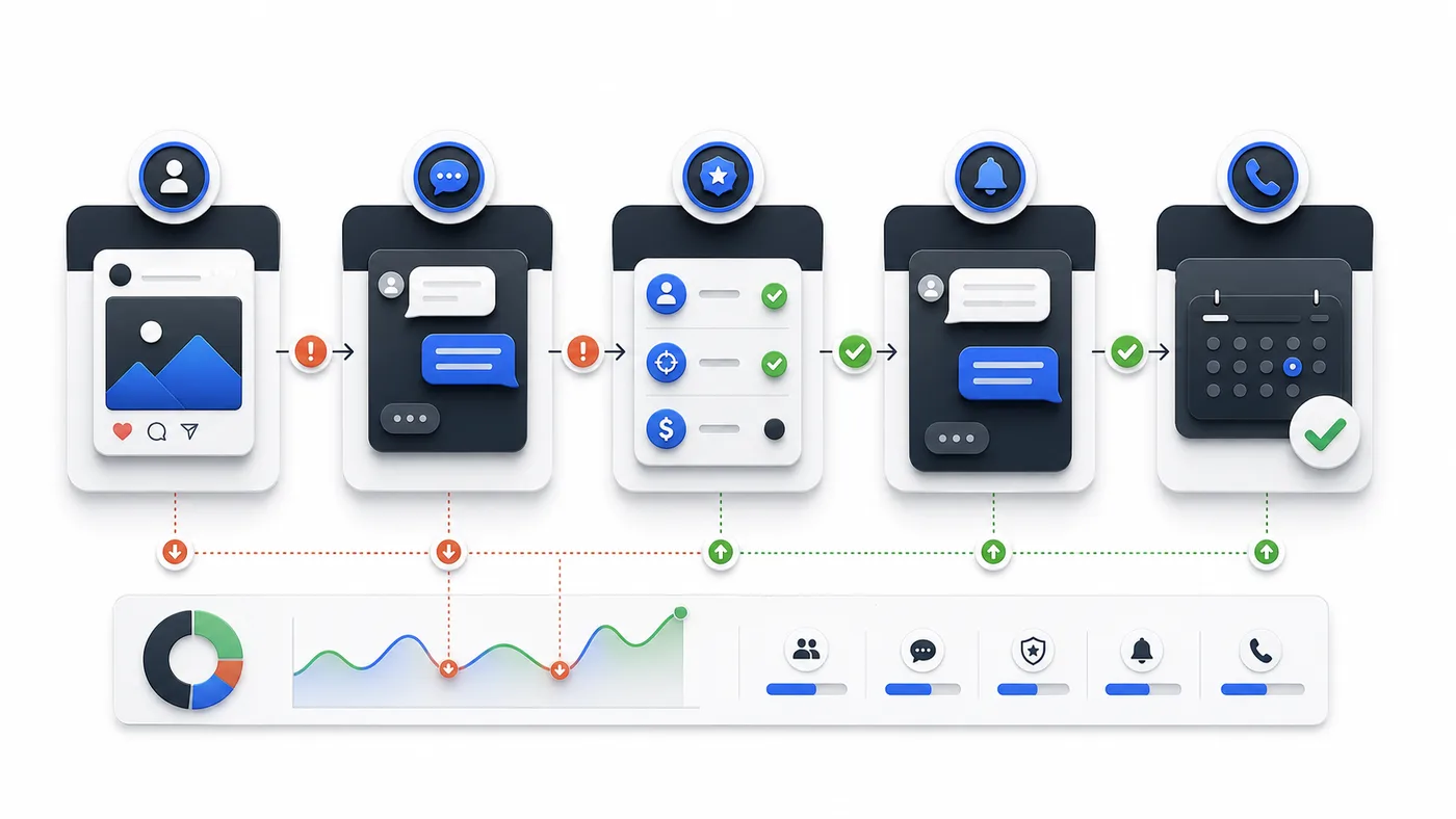 DM conversation audit workflow moving from inbox sample to thread review, scorecard, fixes, and better booked calls
