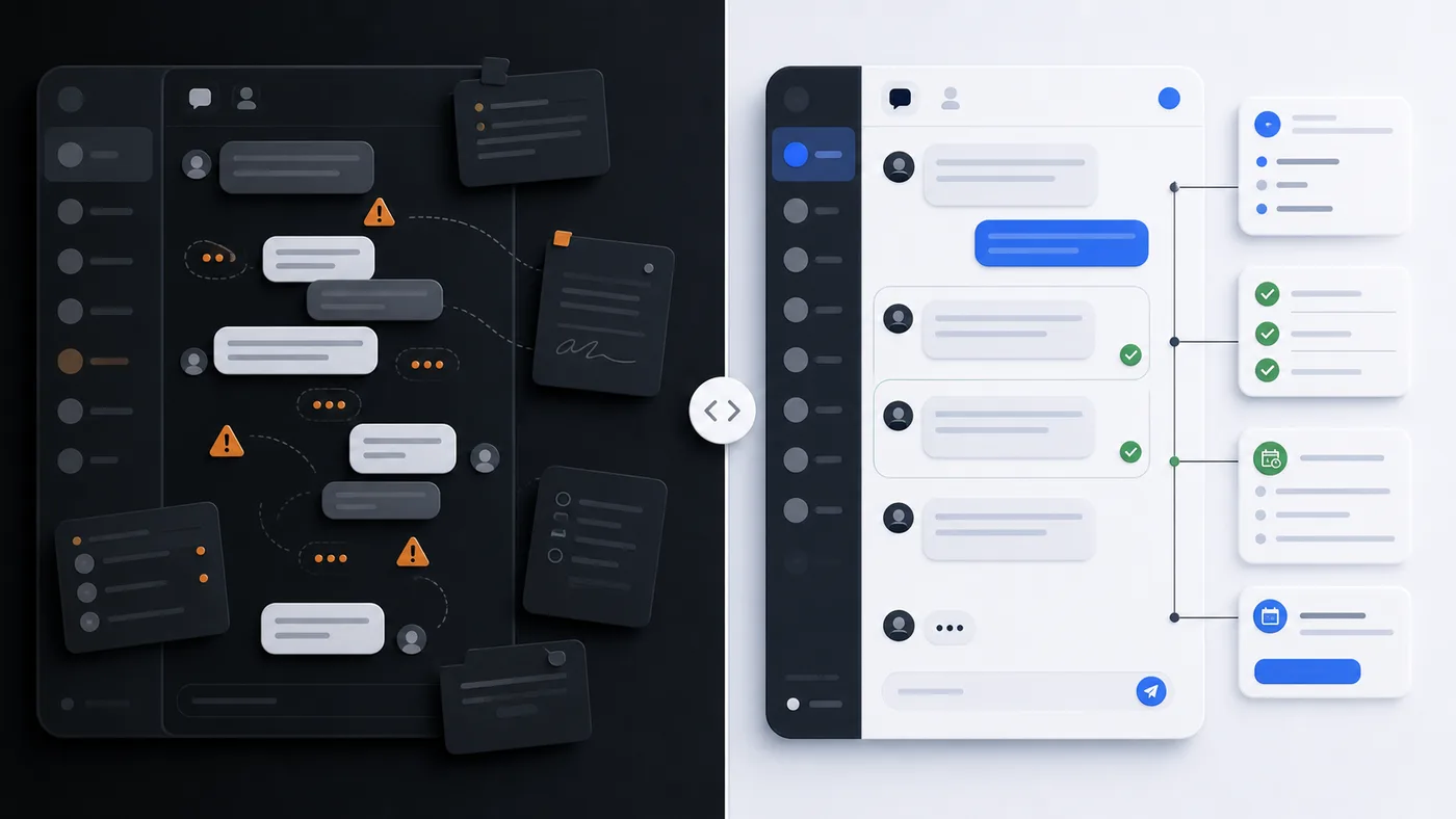 Before-and-after comparison of a generic DM reply becoming a contextual, qualified sales conversation