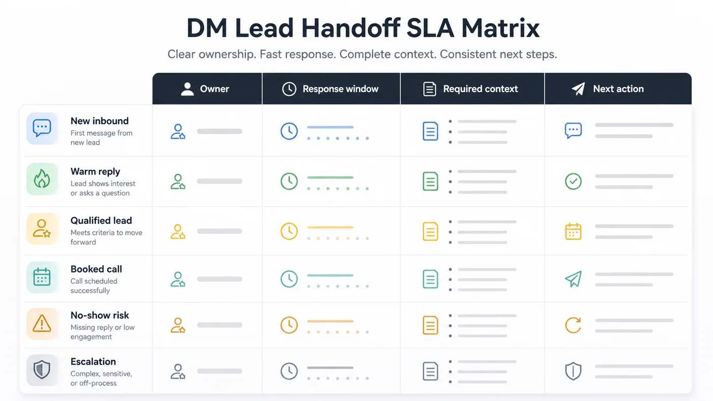 DM lead handoff SLA matrix showing owner, response window, required context, and next action across lead stages