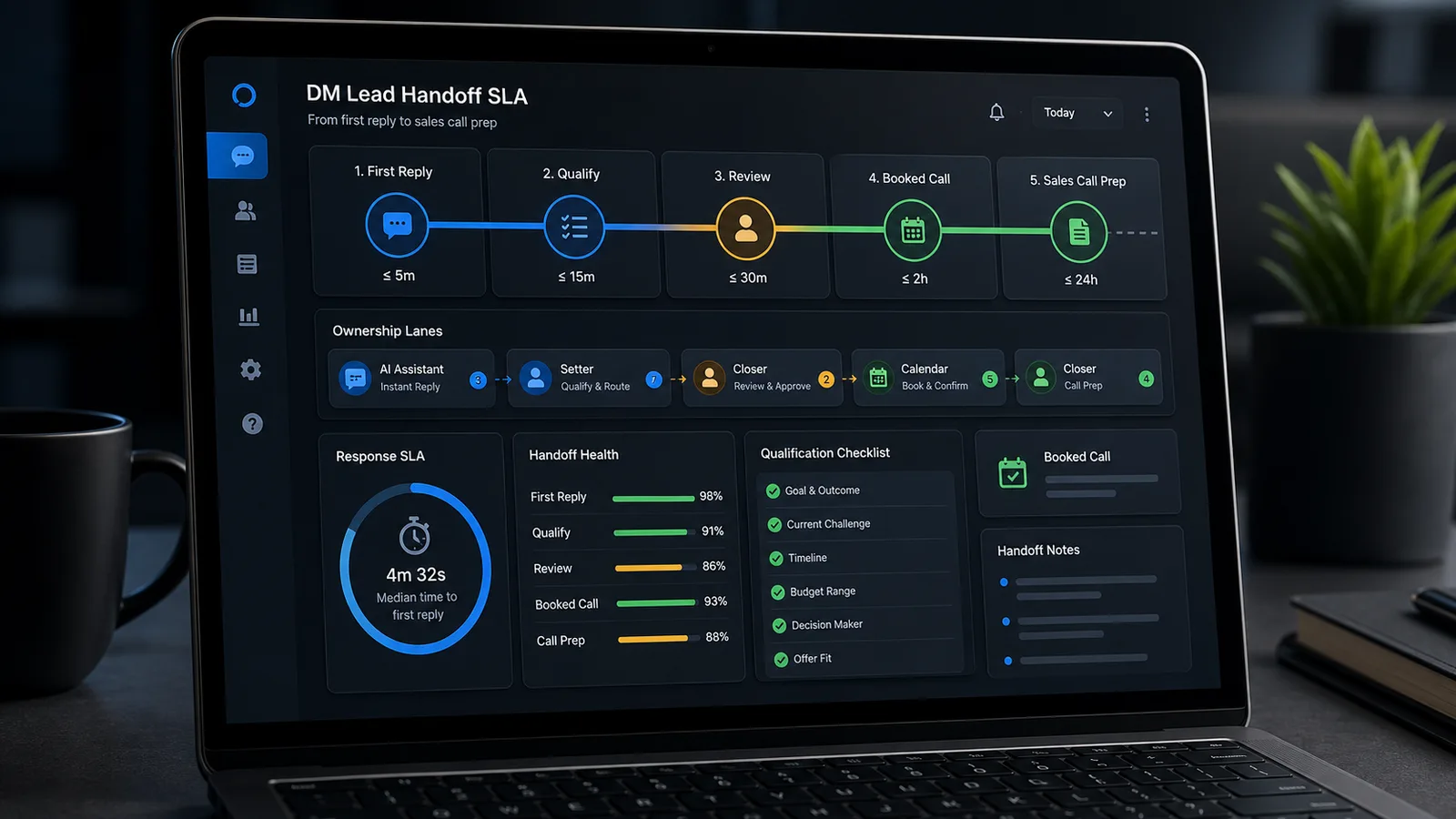 Dark-mode DM lead handoff SLA dashboard showing timed lead stages, ownership lanes, qualification checklist, and booked-call handoff notes