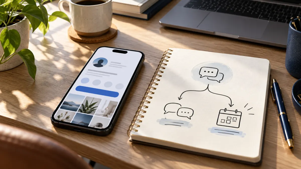 Phone with a profile booking button beside a notebook showing paths from messages to a calendar