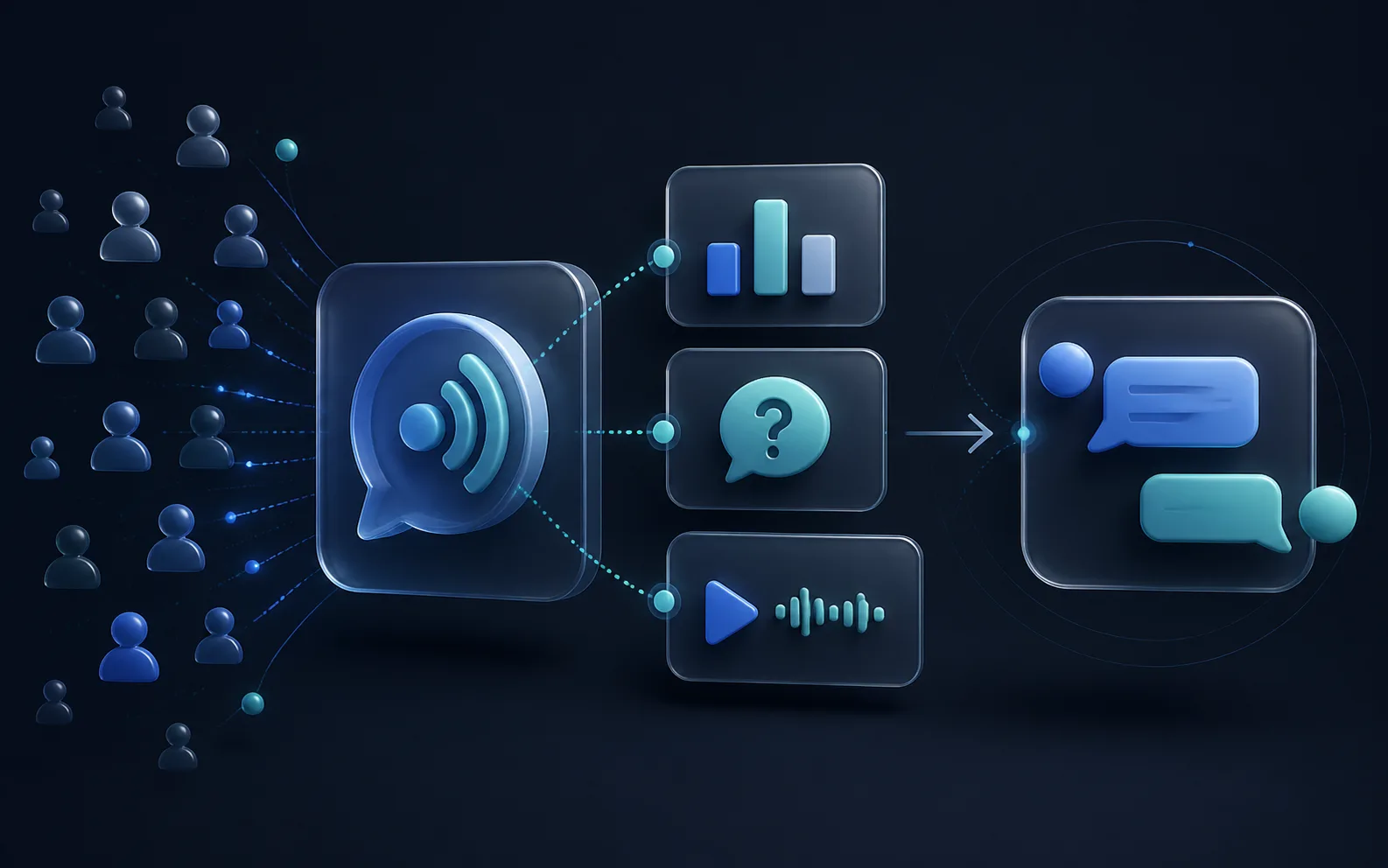 Editorial illustration showing a public community broadcast channel with polls, prompts, voice updates, and an appropriate handoff to a one-to-one conversation