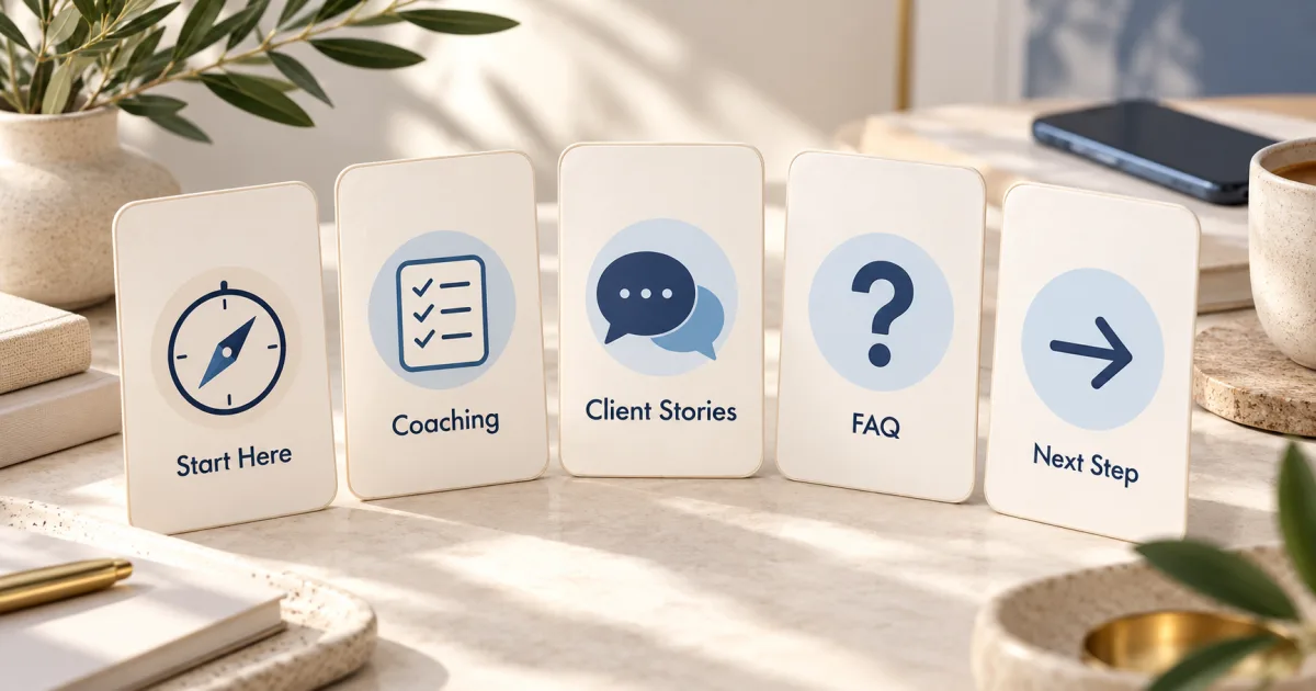 Five illustrated Story planning cards labeled Start Here, Coaching, Client Stories, FAQ, and Next Step