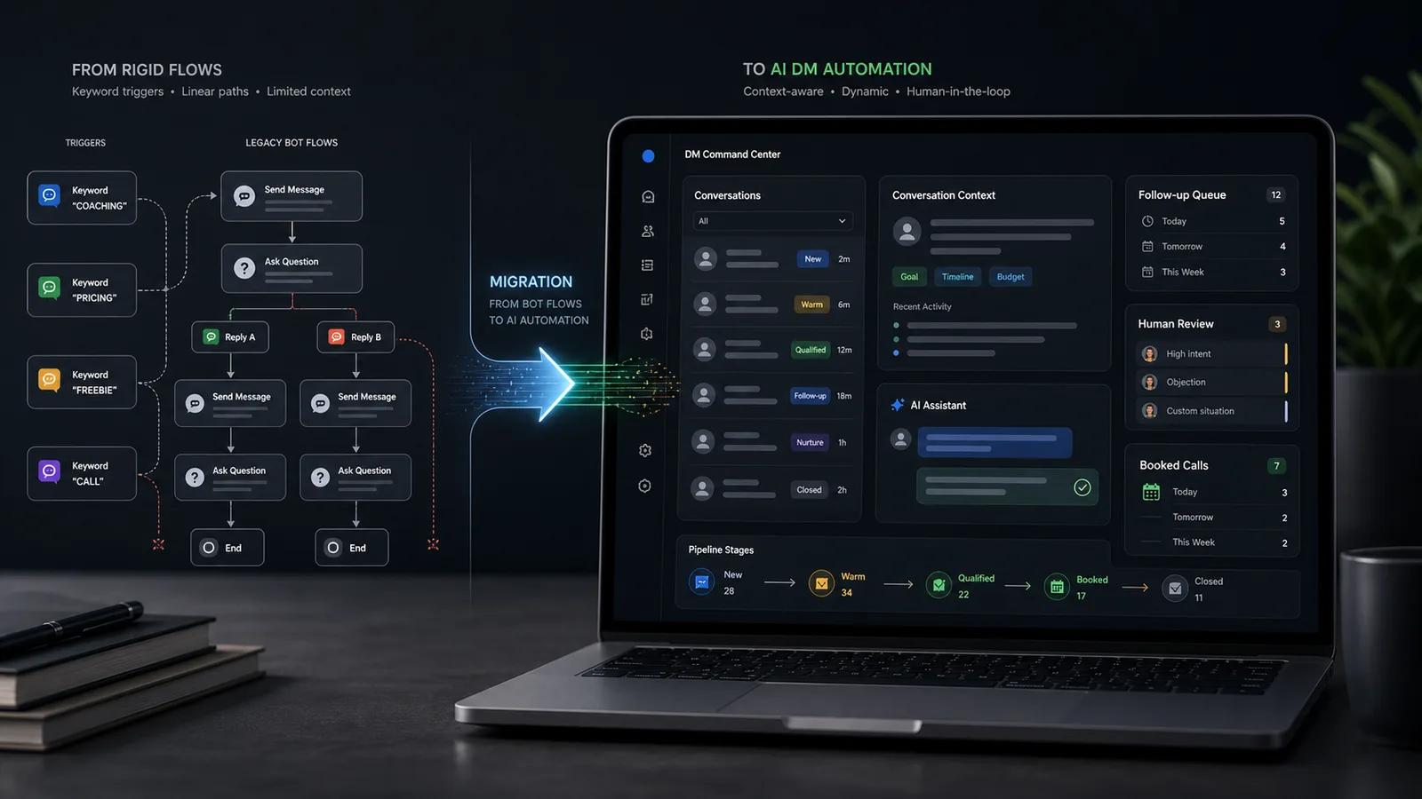 Dark-mode migration dashboard showing keyword flows moving into a context-aware AI DM automation system