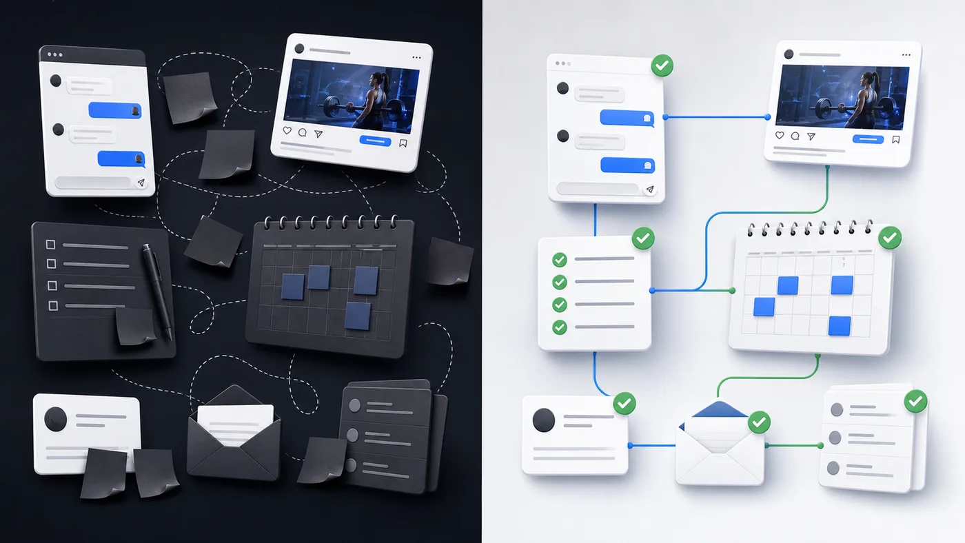Before-and-after view of scattered offer notes becoming one clean DM-to-booking workflow