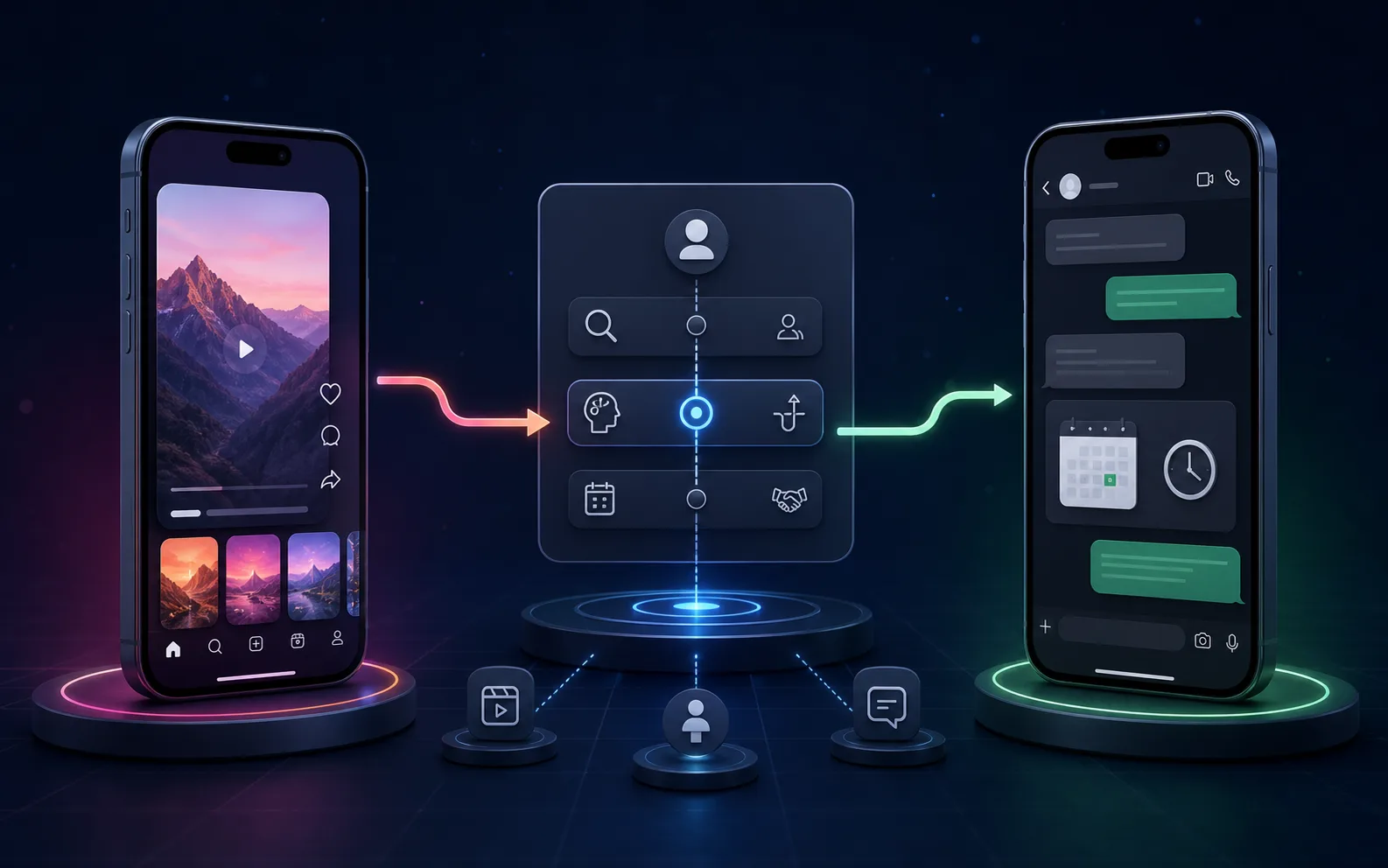 Dark 3D illustration showing a coaching lead routed between a social discovery phone and a direct messaging phone through a central decision panel